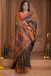 Shubh Lakshmi ~ Handloom Pure Silk Pashmina Saree in Dark Blue with Orange (Silk Mark Certified) - verymuchindian.com