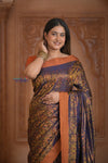 Shubh Lakshmi ~ Handloom Pure Silk Pashmina Saree in Dark Blue with Orange (Silk Mark Certified) - verymuchindian.com