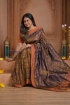 Shubh Lakshmi ~ Handloom Pure Silk Pashmina Saree in Dark Blue with Orange (Silk Mark Certified) - verymuchindian.com