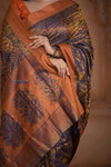 Shubh Lakshmi ~ Handloom Pure Silk Pashmina Saree in Dark Blue with Orange (Silk Mark Certified) - verymuchindian.com