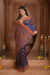 Shubh Lakshmi ~ Handloom Pure Silk Pashmina Saree in Dark Purple with Orange (Silk Mark Certified) - verymuchindian.com