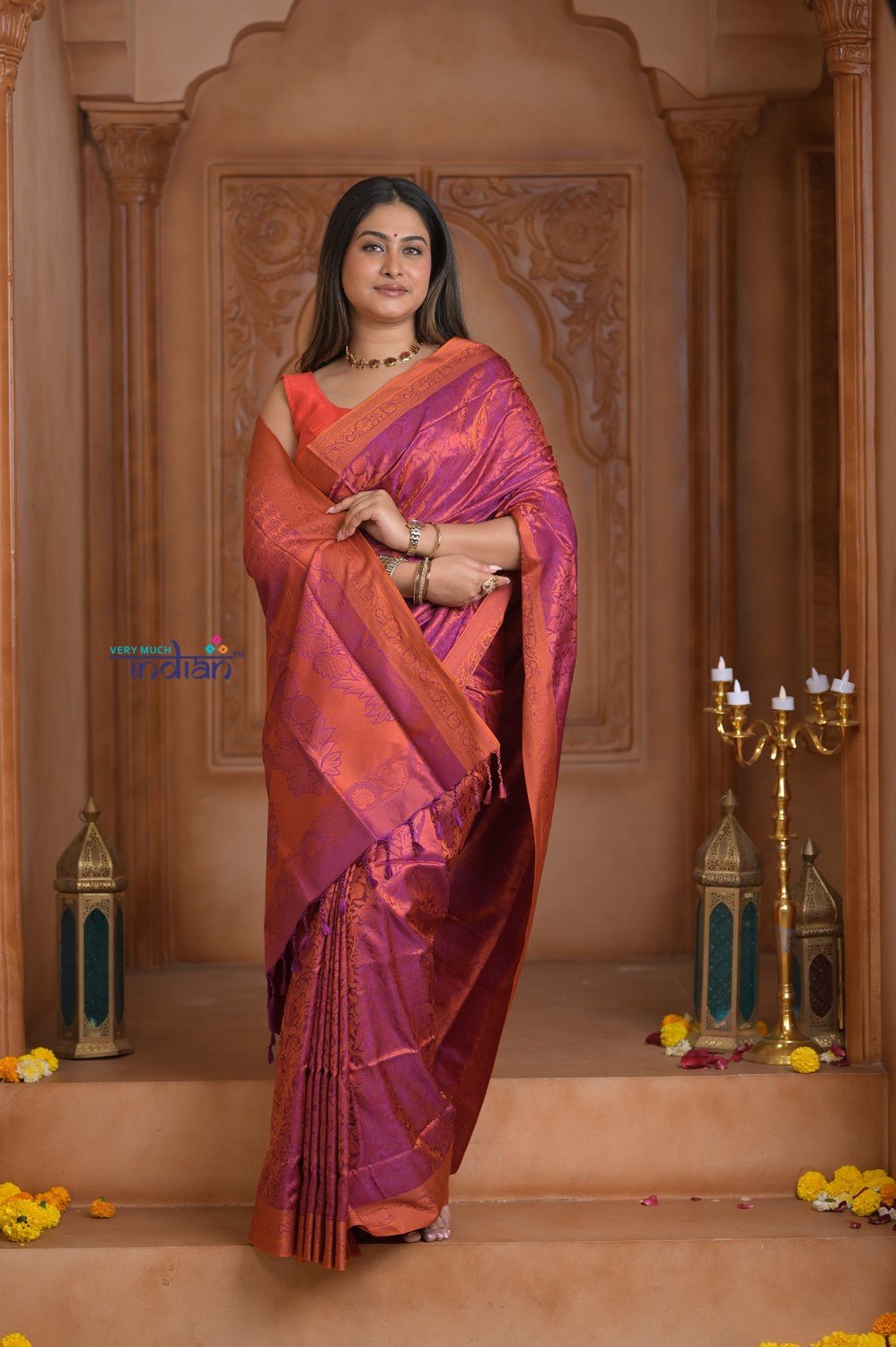 Shubh Lakshmi ~ Handloom Pure Silk Pashmina Saree in Pink with Orange (Silk Mark Certified) - verymuchindian.com