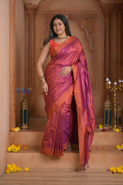 Shubh Lakshmi ~ Handloom Pure Silk Pashmina Saree in Pink with Orange (Silk Mark Certified) - verymuchindian.com