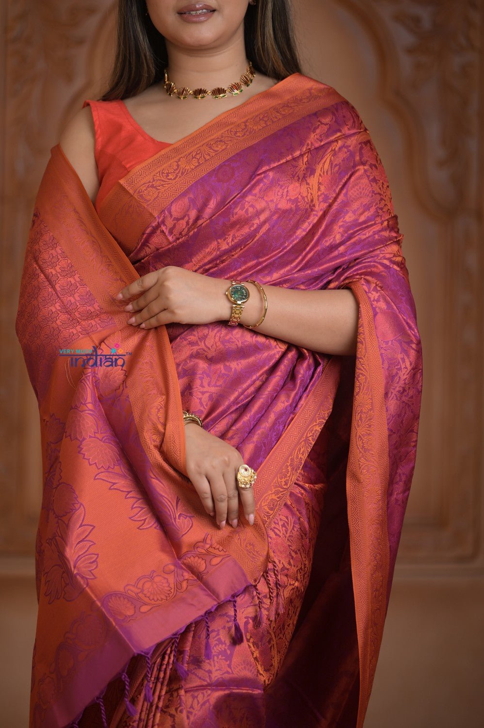 Shubh Lakshmi ~ Handloom Pure Silk Pashmina Saree in Pink with Orange (Silk Mark Certified) - verymuchindian.com