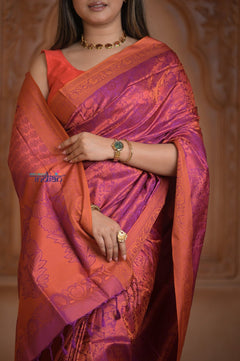 Shubh Lakshmi ~ Handloom Pure Silk Pashmina Saree in Pink with Orange (Silk Mark Certified) - verymuchindian.com