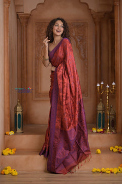 Shubh Lakshmi ~ Handloom Pure Silk Pashmina Saree in Red and Purple (Silk Mark Certified) - verymuchindian.com