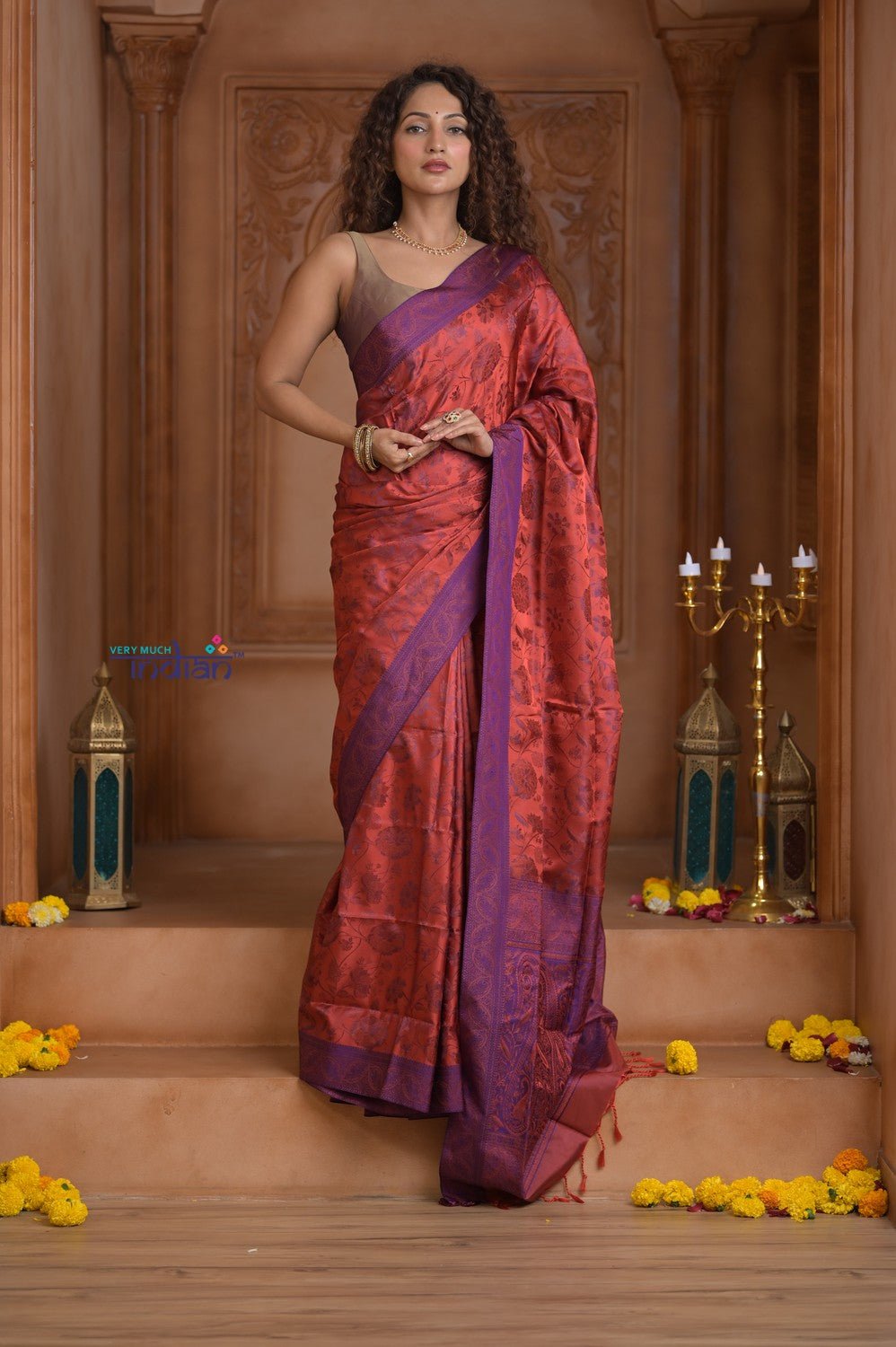 Shubh Lakshmi ~ Handloom Pure Silk Pashmina Saree in Red and Purple (Silk Mark Certified) - verymuchindian.com