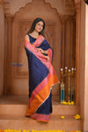 Shubh Lakshmi ~ Handloom Tussar Silk Saree with Digital Print in Dark Blue - verymuchindian.com
