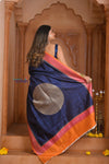 Shubh Lakshmi ~ Handloom Tussar Silk Saree with Digital Print in Dark Blue - verymuchindian.com