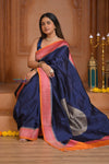 Shubh Lakshmi ~ Handloom Tussar Silk Saree with Digital Print in Dark Blue - verymuchindian.com