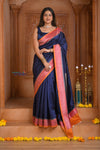 Shubh Lakshmi ~ Handloom Tussar Silk Saree with Digital Print in Dark Blue - verymuchindian.com
