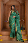 Shubh Lakshmi ~ Handloom Tussar Silk Saree with Digital Print in Dark Green - verymuchindian.com