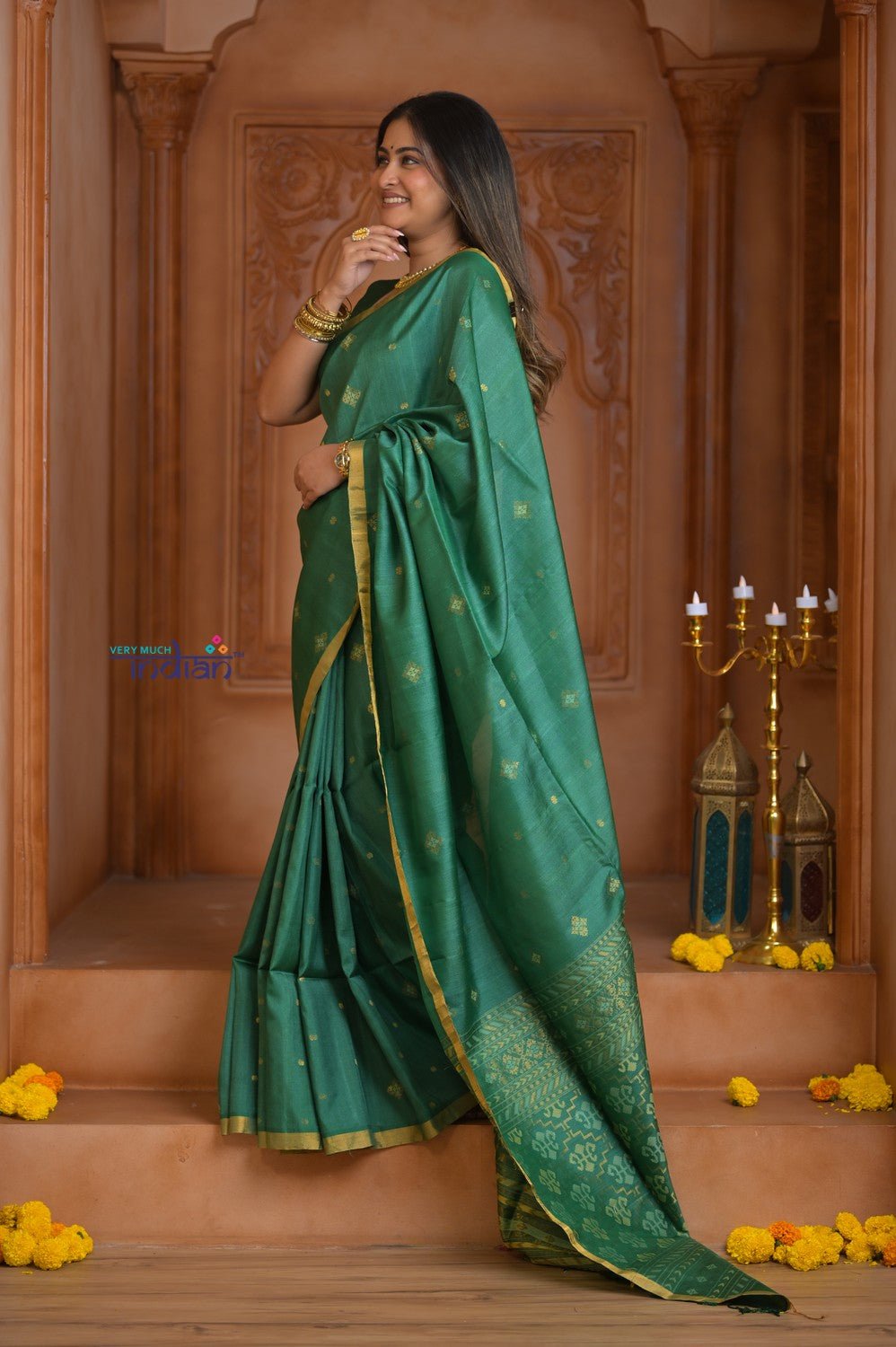 Shubh Lakshmi ~ Handloom Tussar Silk Saree with Digital Print in Dark Green - verymuchindian.com