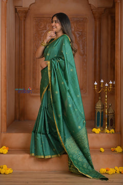 Shubh Lakshmi ~ Handloom Tussar Silk Saree with Digital Print in Dark Green - verymuchindian.com