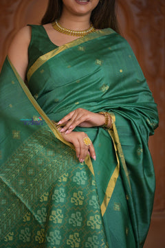 Shubh Lakshmi ~ Handloom Tussar Silk Saree with Digital Print in Dark Green - verymuchindian.com