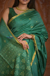 Shubh Lakshmi ~ Handloom Tussar Silk Saree with Digital Print in Dark Green - verymuchindian.com