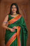 Shubh Lakshmi ~ Handloom Tussar Silk Saree with Digital Print in Dark Green and Orange - verymuchindian.com