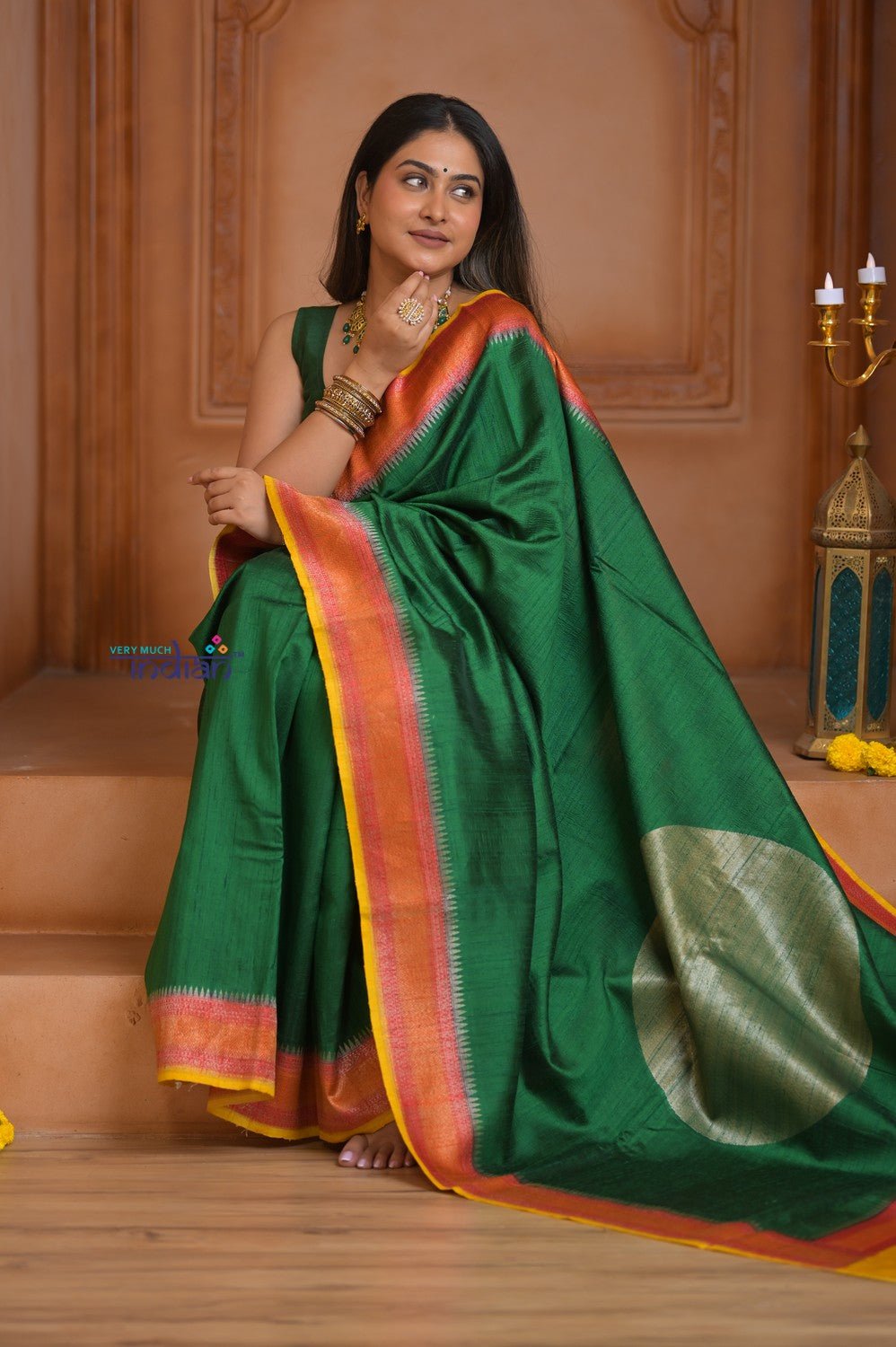 Shubh Lakshmi ~ Handloom Tussar Silk Saree with Digital Print in Dark Green and Orange - verymuchindian.com