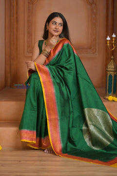 Shubh Lakshmi ~ Handloom Tussar Silk Saree with Digital Print in Dark Green and Orange - verymuchindian.com