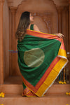 Shubh Lakshmi ~ Handloom Tussar Silk Saree with Digital Print in Dark Green and Orange - verymuchindian.com