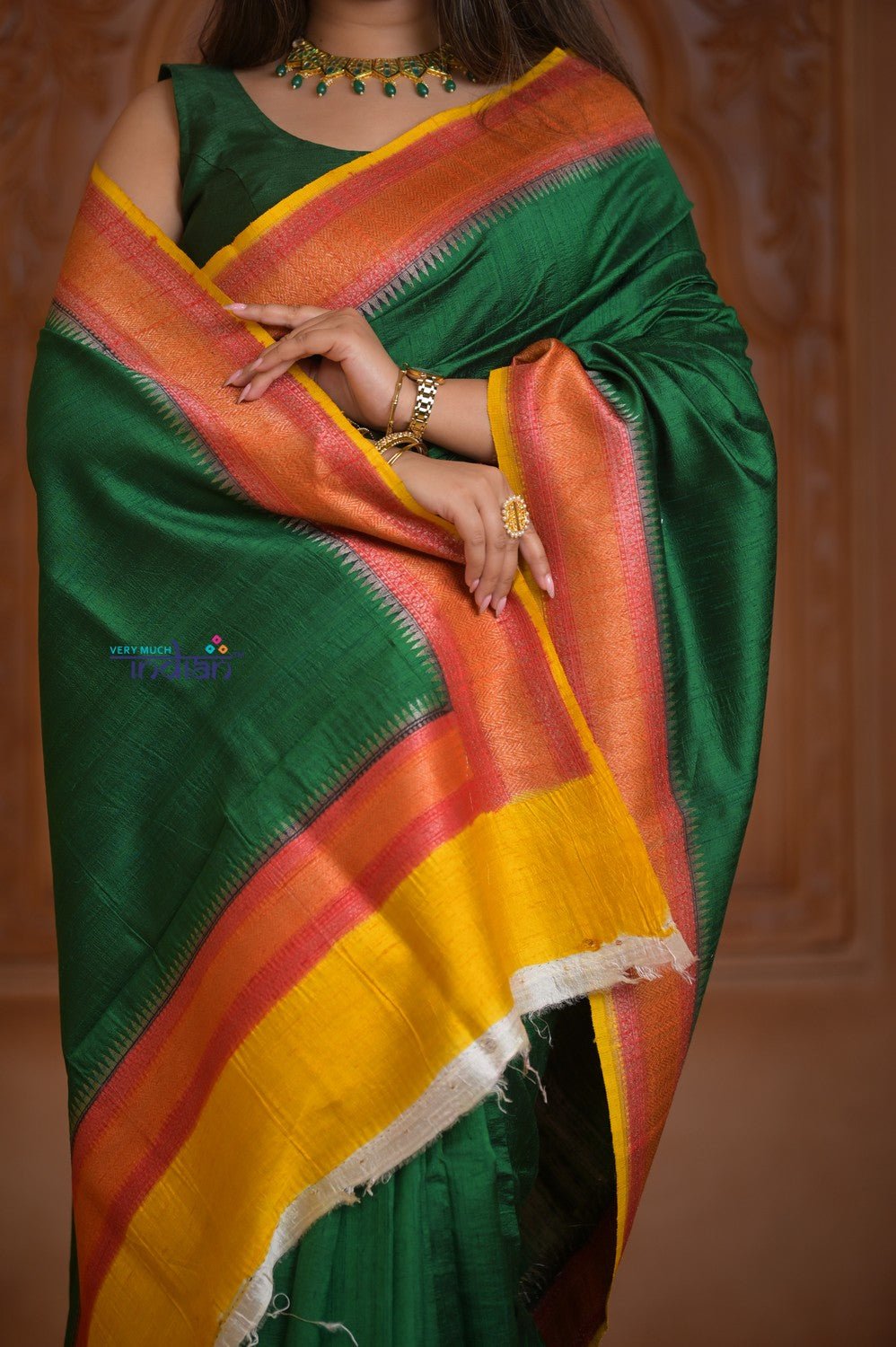 Shubh Lakshmi ~ Handloom Tussar Silk Saree with Digital Print in Dark Green and Orange - verymuchindian.com