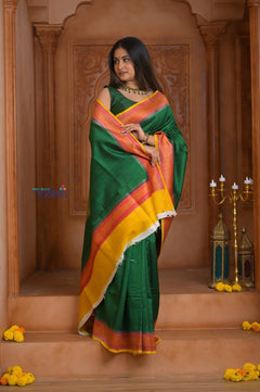 Shubh Lakshmi ~ Handloom Tussar Silk Saree with Digital Print in Dark Green and Orange - verymuchindian.com