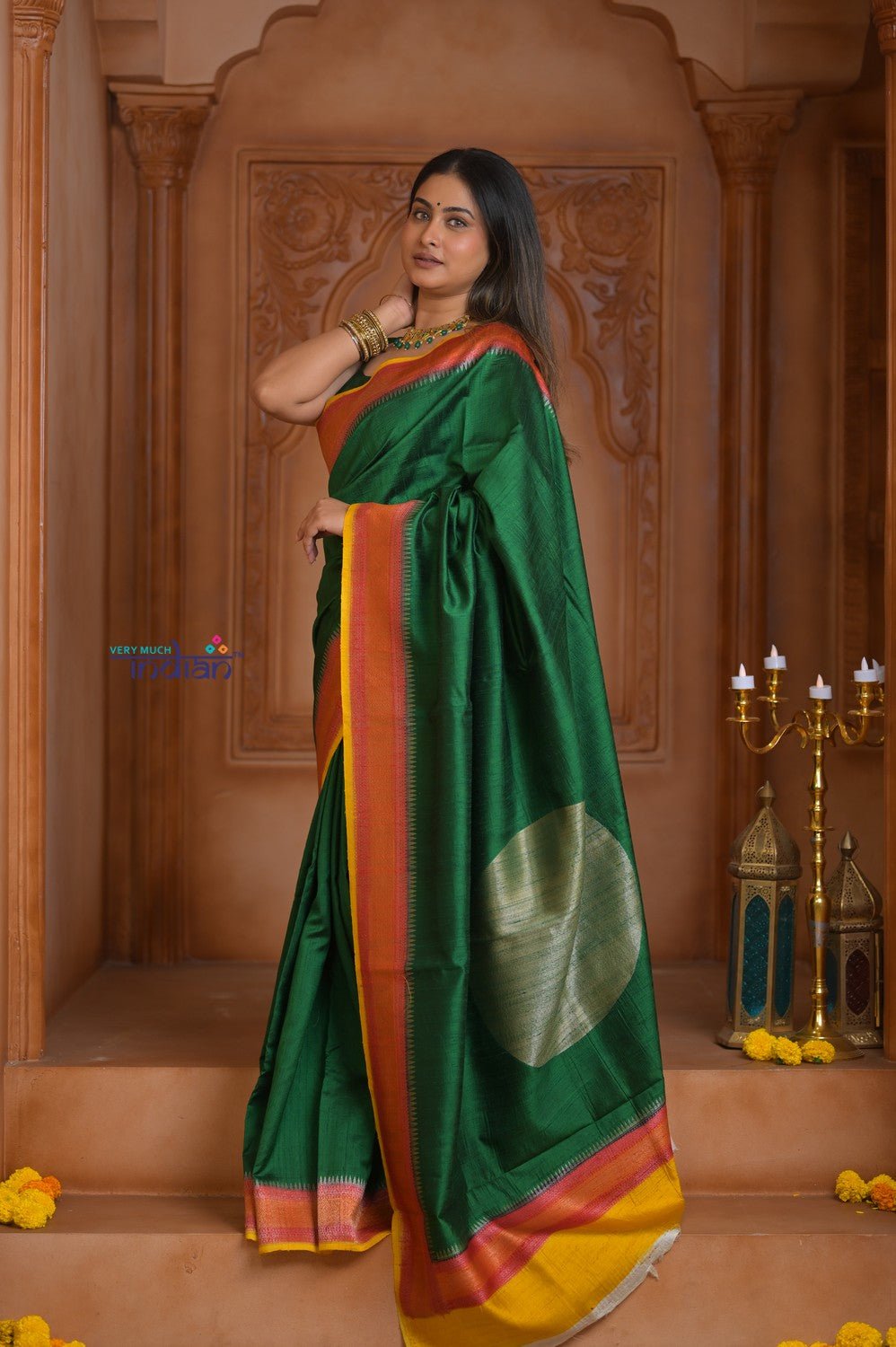 Shubh Lakshmi ~ Handloom Tussar Silk Saree with Digital Print in Dark Green and Orange - verymuchindian.com