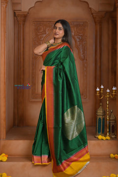 Shubh Lakshmi ~ Handloom Tussar Silk Saree with Digital Print in Dark Green and Orange - verymuchindian.com