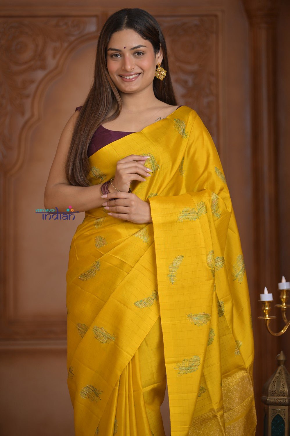 Shubh Lakshmi! Special ~ Handloom High Quality Pure Soft Silk Saree in Bright Yellow (Silk Mark Certified) - verymuchindian.com