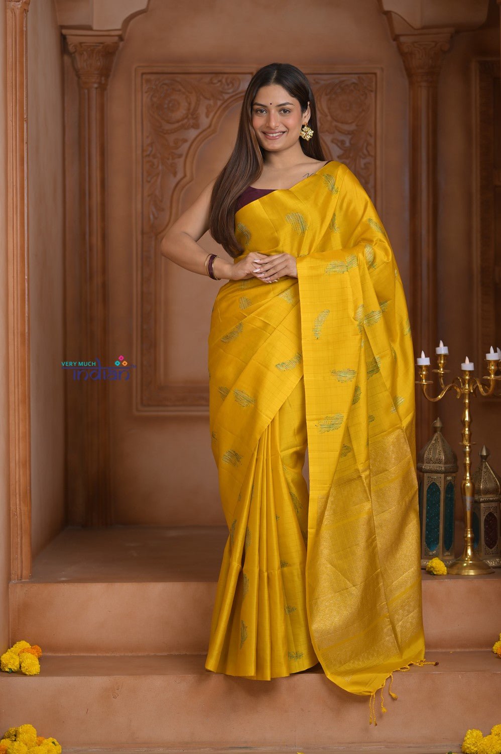 Shubh Lakshmi! Special ~ Handloom High Quality Pure Soft Silk Saree in Bright Yellow (Silk Mark Certified) - verymuchindian.com