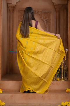 Shubh Lakshmi! Special ~ Handloom High Quality Pure Soft Silk Saree in Bright Yellow (Silk Mark Certified) - verymuchindian.com