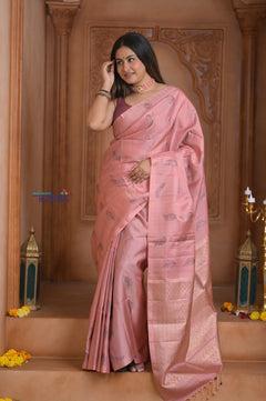 Shubh Lakshmi! Special ~ Handloom High Quality Pure Soft Silk Saree in Peach Pink (Silk Mark Certified) - verymuchindian.com