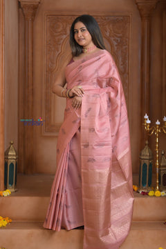 Shubh Lakshmi! Special ~ Handloom High Quality Pure Soft Silk Saree in Peach Pink (Silk Mark Certified) - verymuchindian.com