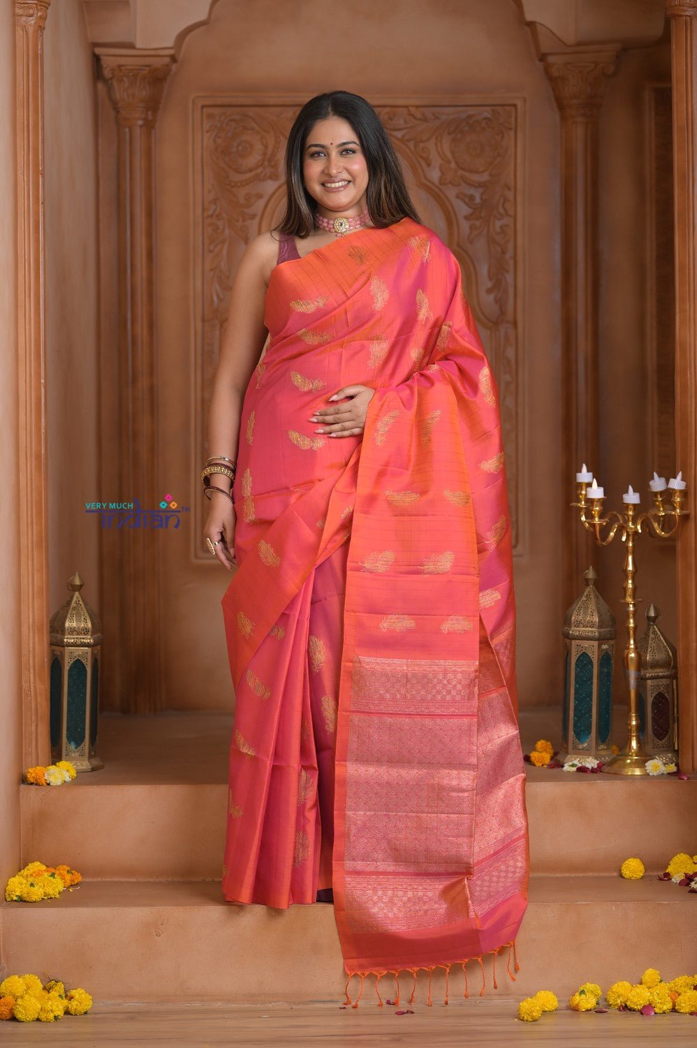 Shubh Lakshmi! Special ~ Handloom High Quality Pure Soft Silk Saree in Peach Pink (Silk Mark Certified) - verymuchindian.com