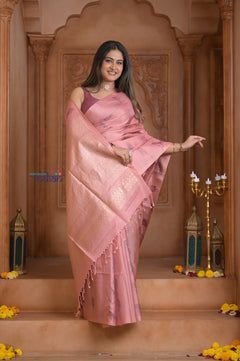 Shubh Lakshmi! Special ~ Handloom High Quality Pure Soft Silk Saree in Peach Pink (Silk Mark Certified) - verymuchindian.com