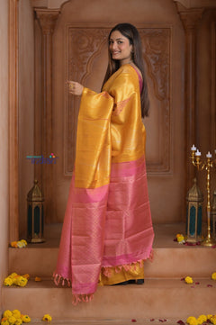 Shubh Lakshmi! Special~ Handloom Pure Silk Kanjivaram Saree in Sunrise Yellow and Pink (Silk Mark Certified) - verymuchindian.com