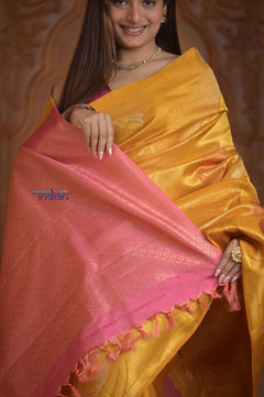 Shubh Lakshmi! Special~ Handloom Pure Silk Kanjivaram Saree in Sunrise Yellow and Pink (Silk Mark Certified) - verymuchindian.com