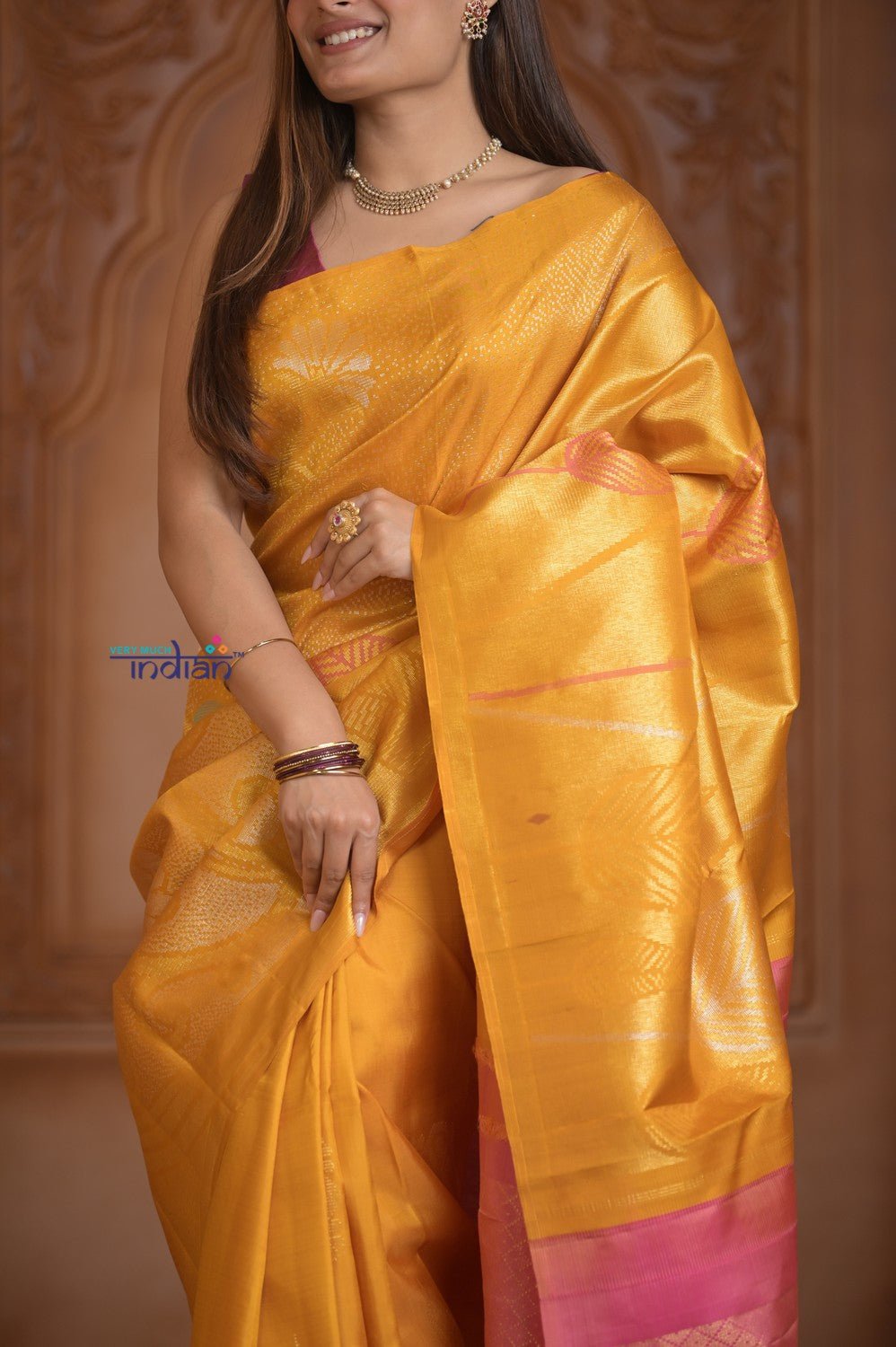 Shubh Lakshmi! Special~ Handloom Pure Silk Kanjivaram Saree in Sunrise Yellow and Pink (Silk Mark Certified) - verymuchindian.com