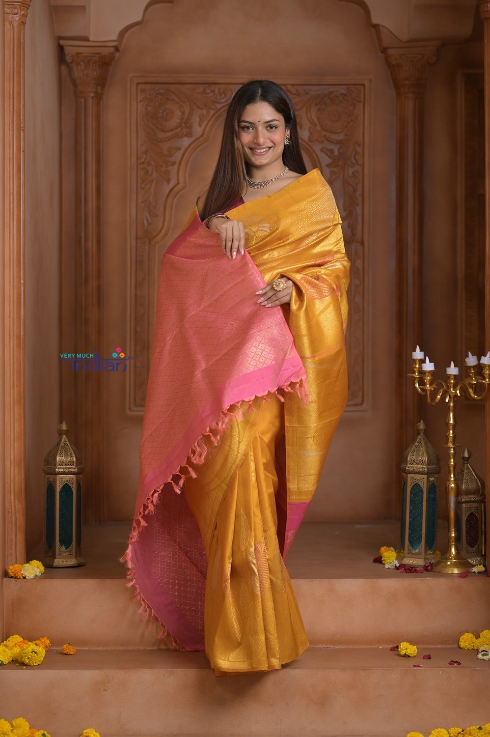 Shubh Lakshmi! Special~ Handloom Pure Silk Kanjivaram Saree in Sunrise Yellow and Pink (Silk Mark Certified) - verymuchindian.com