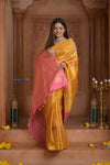Shubh Lakshmi! Special~ Handloom Pure Silk Kanjivaram Saree in Sunrise Yellow and Pink (Silk Mark Certified) - verymuchindian.com