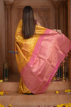 Shubh Lakshmi! Special~ Handloom Pure Silk Kanjivaram Saree in Sunrise Yellow and Pink (Silk Mark Certified) - verymuchindian.com