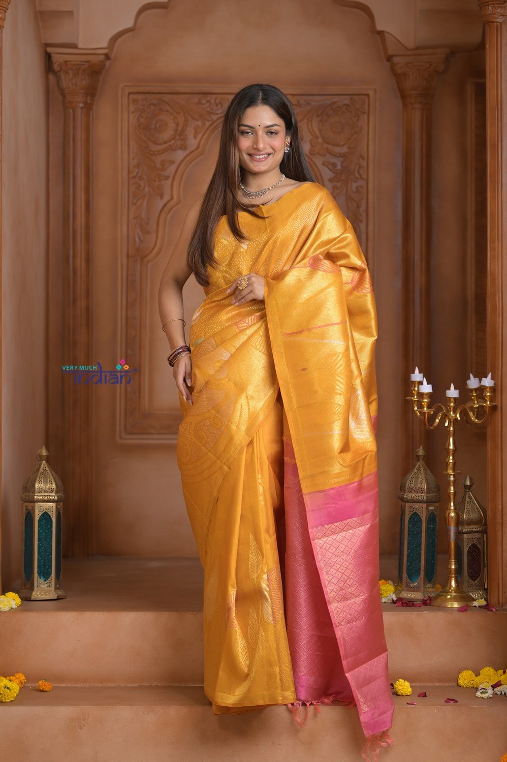Shubh Lakshmi! Special~ Handloom Pure Silk Kanjivaram Saree in Sunrise Yellow and Pink (Silk Mark Certified) - verymuchindian.com