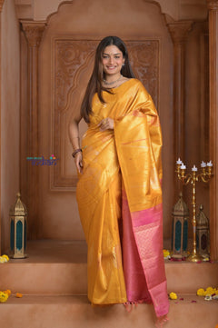 Shubh Lakshmi! Special~ Handloom Pure Silk Kanjivaram Saree in Sunrise Yellow and Pink (Silk Mark Certified) - verymuchindian.com