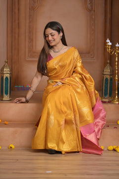 Shubh Lakshmi! Special~ Handloom Pure Silk Kanjivaram Saree in Sunrise Yellow and Pink (Silk Mark Certified) - verymuchindian.com