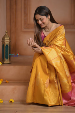Shubh Lakshmi! Special~ Handloom Pure Silk Kanjivaram Saree in Sunrise Yellow and Pink (Silk Mark Certified) - verymuchindian.com