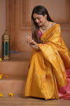 Shubh Lakshmi! Special~ Handloom Pure Silk Kanjivaram Saree in Sunrise Yellow and Pink (Silk Mark Certified) - verymuchindian.com