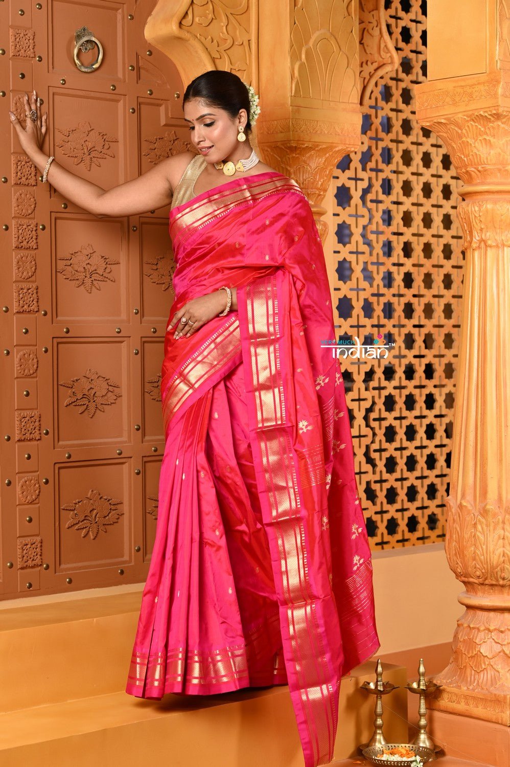 Shubh ~ Limited Edition Pure Silk Paithani with Asawali Pallu & Asawali Buttis in Exquisite Pink - verymuchindian.com