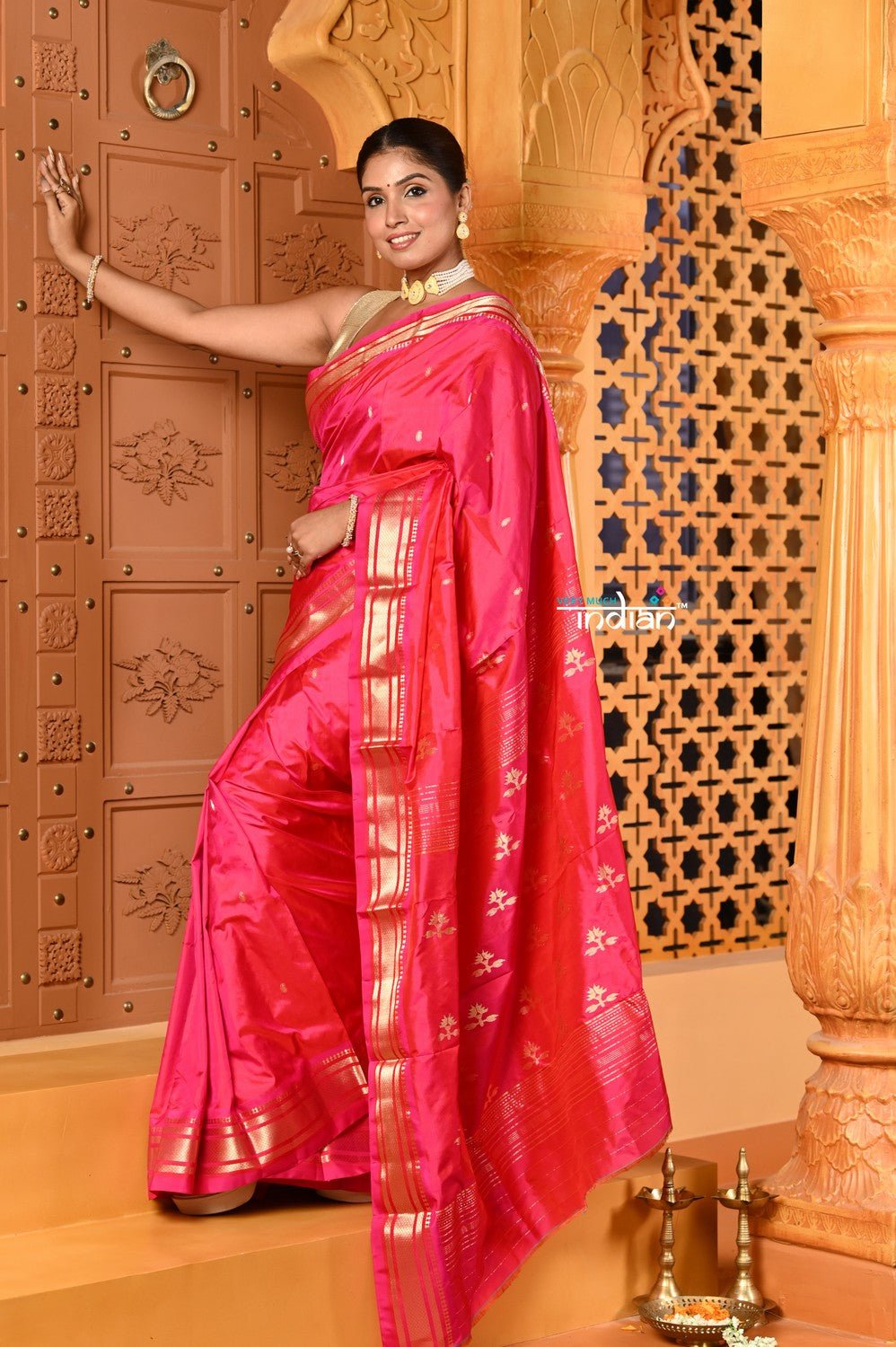 Shubh ~ Limited Edition Pure Silk Paithani with Asawali Pallu & Asawali Buttis in Exquisite Pink - verymuchindian.com