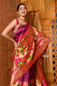 Shubh ~ Premium! Handloom Pure Silk Half All Over Paithani with Lotus & Floral Weave in Bestselling Mauve Pink - verymuchindian.com