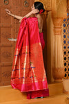 Shubh~ Premium! Handloom Pure Silk Triple Muniya Border with Peacock Pallu in Rani Pink (SHIPPING IN 25 DAYS.) - verymuchindian.com
